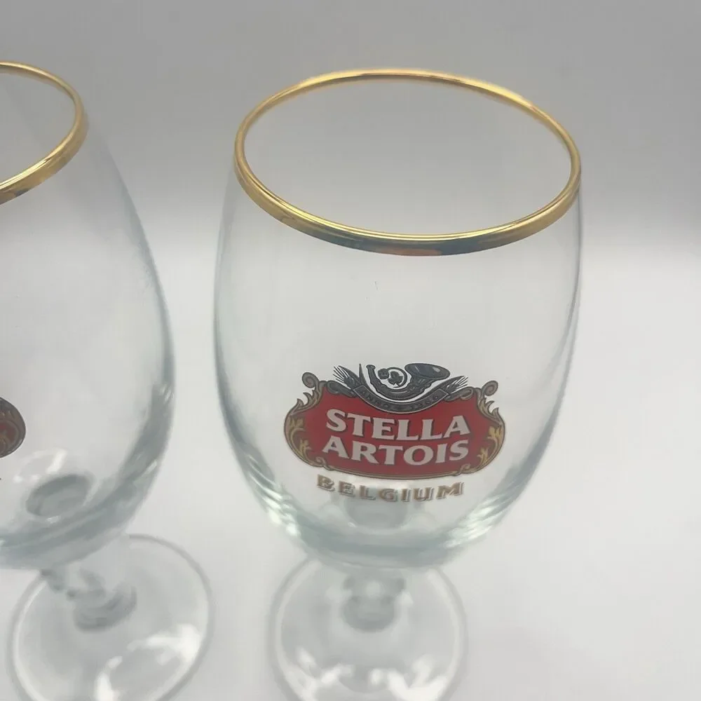 STELLA ARTOIS Belgium Chalice Beer Glass 33 CL Gold Rim (Set Of 2)